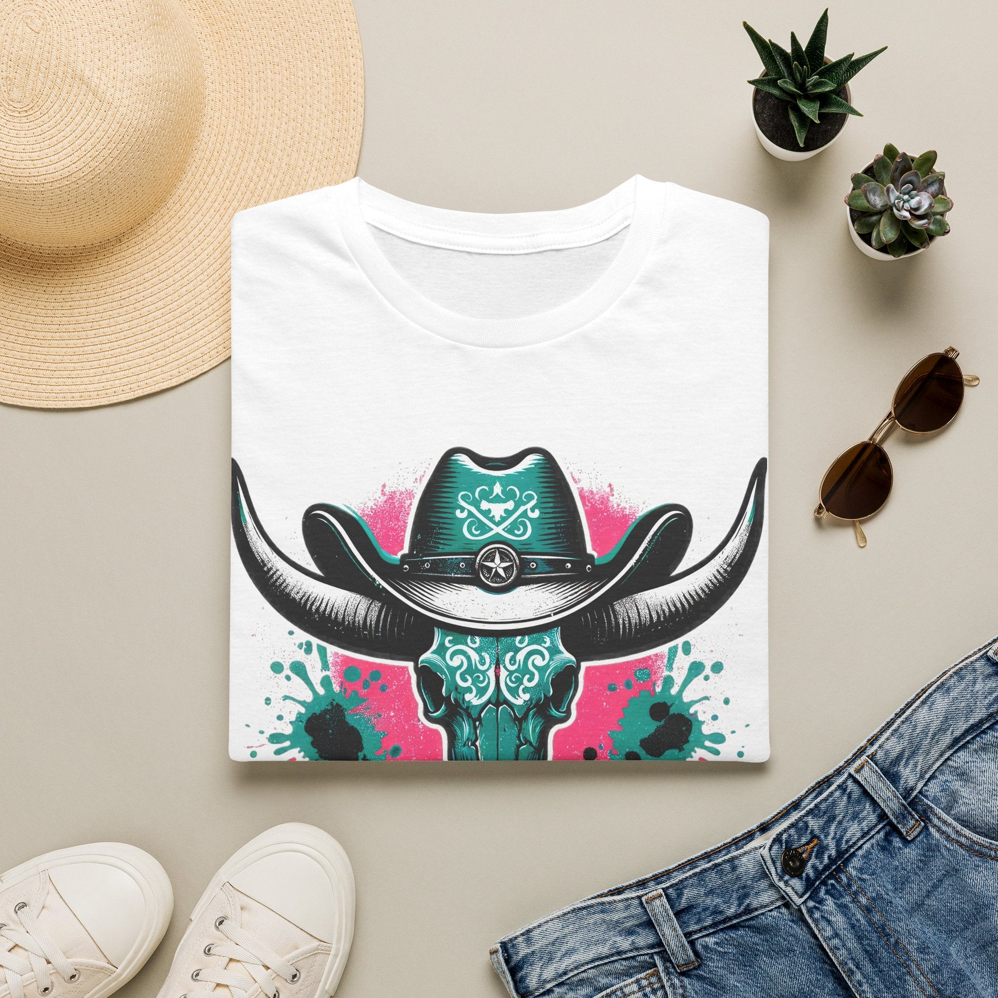 Cowgirl Skull Tee — Turquoise Western Steer Skull Graphic T-Shirt