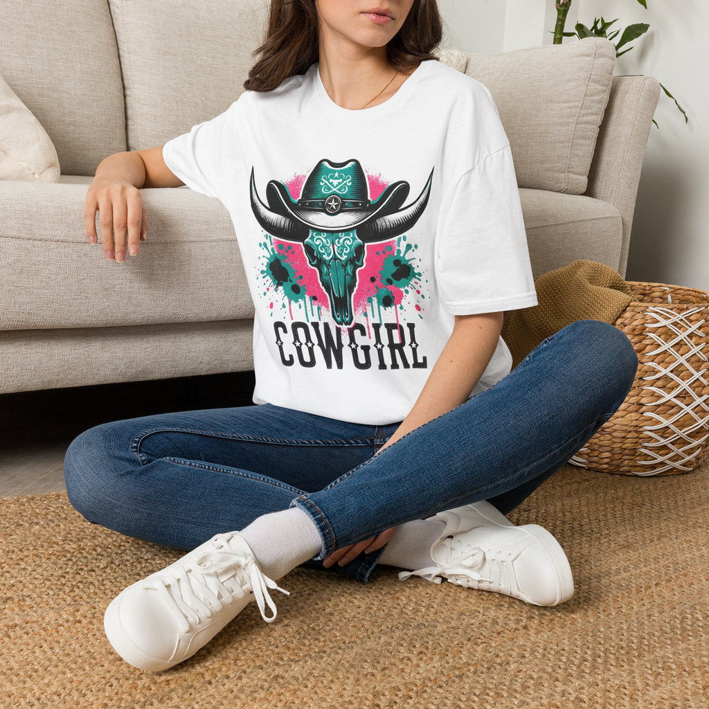 Cowgirl Skull Tee — Turquoise Western Steer Skull Graphic T-Shirt