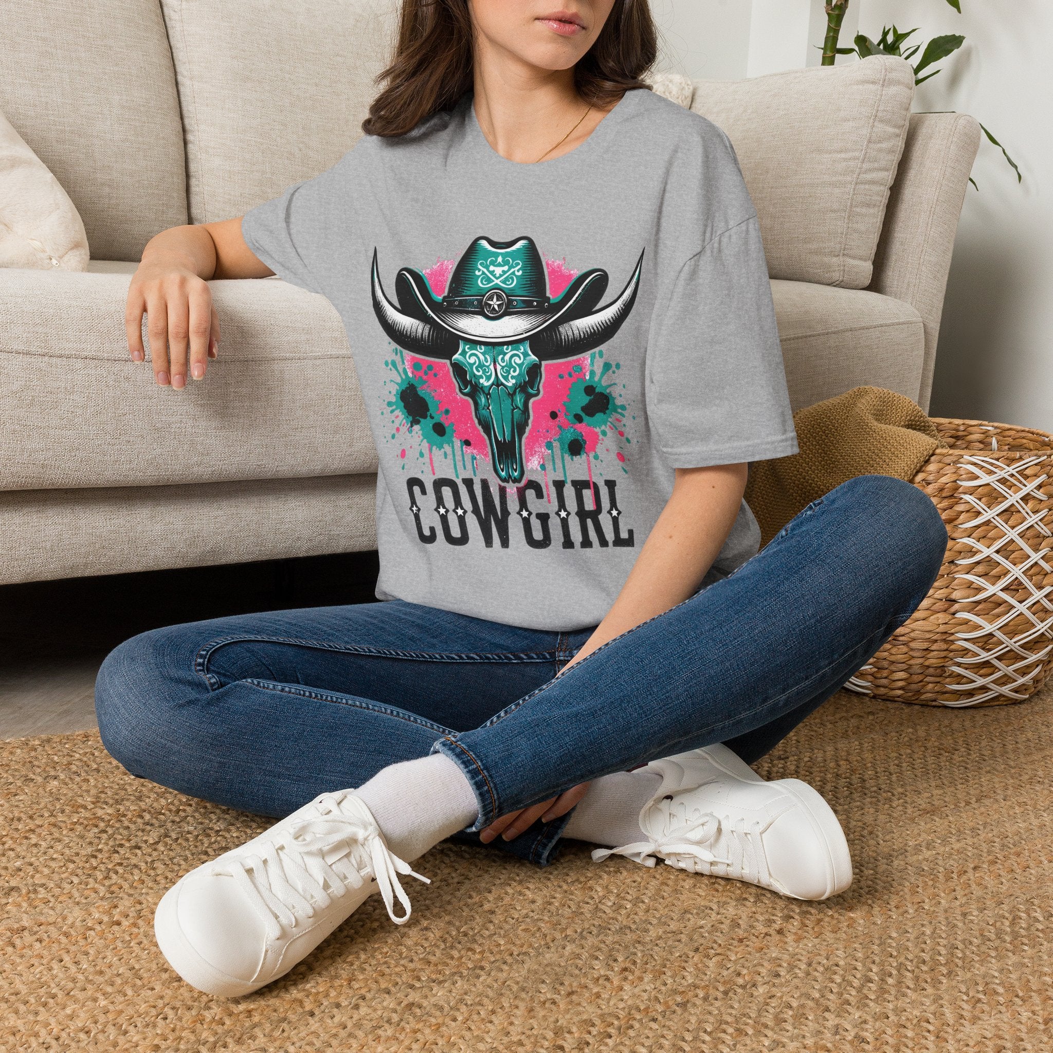 Cowgirl Skull Tee — Turquoise Western Steer Skull Graphic T-Shirt